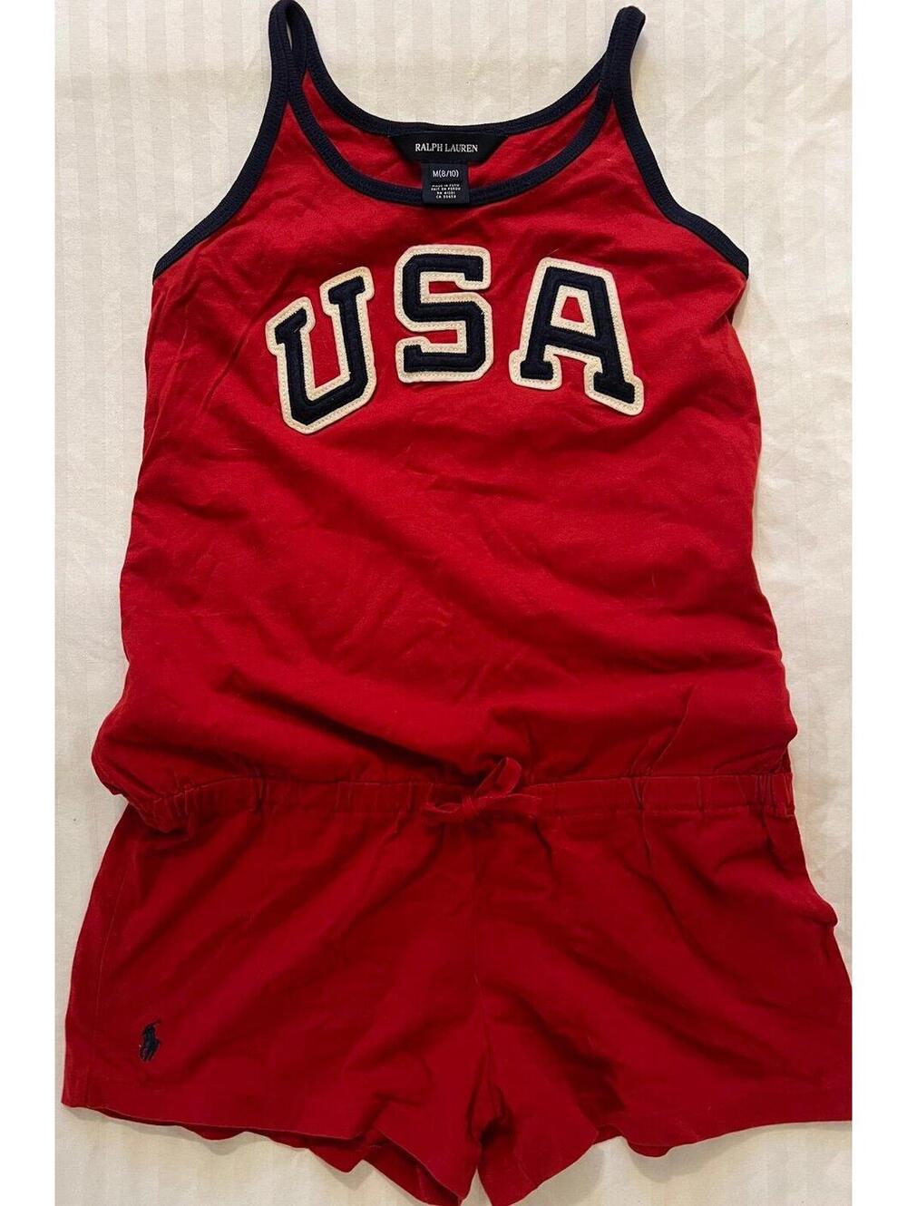 Girls 8 10 Ralph Lauren Summer Shorts Outfit Red White Blue One Piece